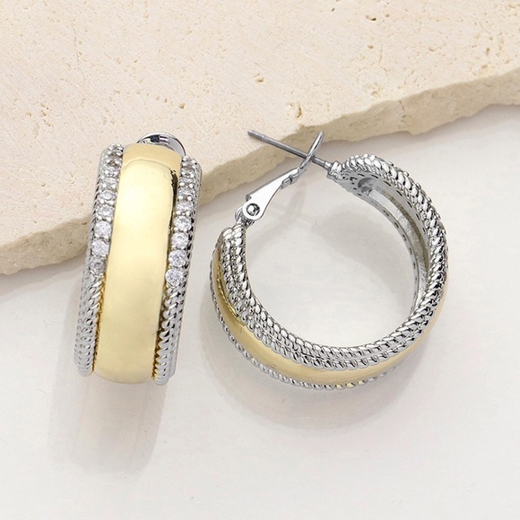 Gold & Pave Rim Hoop Earrings - Picture 1 of 2